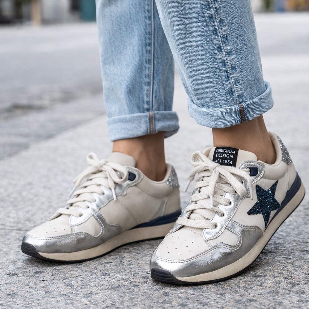Stylish Cream and Blue Star Sneakers